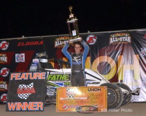 Brady Bacon in victory lane after winning Saturday's BOSS feature at Eldora Speedway. - Bill Miller Photo