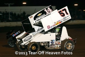  Elk Grove, CA's Kyle Larson won the first ever event at the Stockton Dirt Track last March when he put Paul Silva's potent No. 57 Sprinter in victory lane with the STP World of Outlaws. He's shown racing here with multi-time NASCAR Sprint Cup champion Tony Stewart, who finished ninth last March at Stockton. Photo by Steve Lafond.