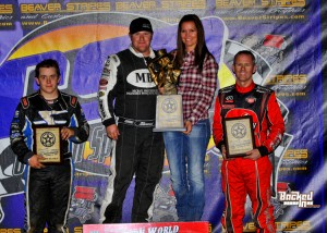 R.J. Johnson topped the USAC Southwest vs. USAC West Coast Sprint Car preliminary feature at Canyon Speedway Park's 46th Annual Western World Championships ahead of Brady Bacon (left) and Jerry Coons, Jr. (right).  (Patrick Shaw photo)