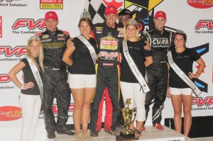 Brian in Victory Lane on Thursday night of the Knoxville Nationals.  Kerry Madsen (L) was second, and Kevin Swindell (R) third. (Rob Kocak Photo)