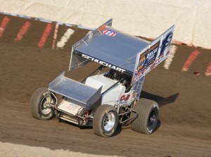 Logan Schuchart flies through a turn at Thunderbowl Raceway in Tulare, Calif., Friday night in World of Outlaws STP Sprint Car Series action. The rookie from Hanover, Pa. won the dash and led 22 laps of the 35-lap A main enroute to an eighth-place finish. (World of Outlaws STP Sprint Car Series photo by Matt Levonas)