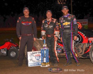 Podium finishers Scotty Weir 3rd (L), Tracy Hines 1st (C) and Bryan Clauson (R). - Bill Miller Photo