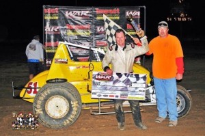 Mitchelle Moore in victory lane after winning the Wingless Auto Racing feature at Callaway Raceway. - WAR Photo