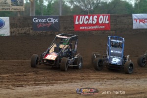 Parker-Price Miller (#9) and Rico Abreu (#67) racing in close quarters on Saturday at Belle-Clair Speedway. - Sam Martin Photo