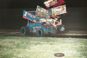 The outcome of Mark Kinser and Sammy Swindell's incident under caution at I-96 Speedway. - Cyndi Craft Photo