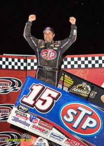 Donnny Schatz celebrates after winning Monday night's World of Outlaws STP Sprint Car Series feature at Lawrenceburg Speedway. - Mike Campbell Photo