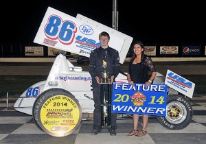 Zac Taylor after winning the  URSS Sprint Car feature at Dodge City Raceway Park. - TWC Photo