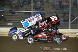 Chris Andrews (#16) racing with Taylor Ferns (#55) Friday at Attica Raceway Park. - Action Photo