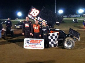 (r to l) Paige Polyak, Scott Kreutter,and Jared Zimbradi were your top three finishers Saturday night at Eriez Speedway with the Patriot Sprint Tour. - Image courtesy of PST