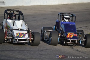 Jim Heeney (#17) racing with Jay Rohrbach (#6K) Friday at Spartan Speedway. - Bob Buffenbarger Photo