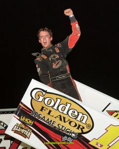 Danny Holtgraver celebrates his feature victory Saturday at Eldora Speedway. - Mike Campbell Photo