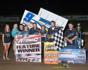 Jac Haudenschild with his team in victory lane after winning the Ohio Sprint Speedweek feature with the UNOH All Star Circuit of Champions at Atomic Speedway. - Mike Campbell Photo