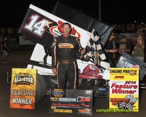 Dale Blaney in victory lane after winning during Ohio Sprint Speedweek at Fremont Speedway. - Mike Campbell Photo