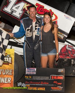 Dale Blaney and daughter in victory lane after winning the UNOH All Star Circuit of Champions Ohio Sprint Speedweek finale at Fremont Speedway. - Mike Campbell Photo