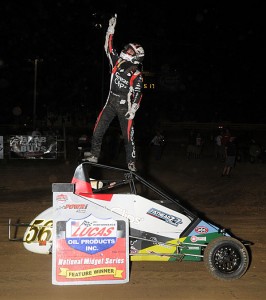 Darren Hagen celebrates his Thursday night POWRi Midget triumph at Quincy Raceways. - TWC Photo