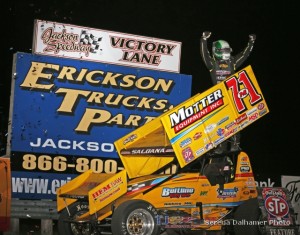 Joey Saldana celebrates in victory lane at Jackson Speedway. - Serena Dalhamer Photo