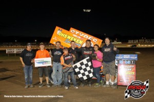 Glenn Styres with his team in victory lane at Ohsweken Speedway on Friday. - Dale Calnan / www.ImageFactor.ca 