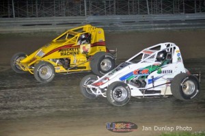 Logan Hupp (#2) racing with Cooper Clouse (#14) Saturday at Waynesfield Raceway Park. - Jan Dunlap Photo