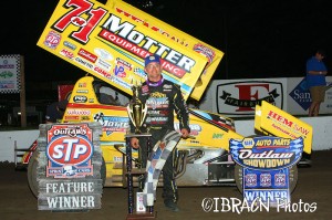 Joey Saldana in victory lane on Saturday night at I-80 Speedway. - Brad Brown / IBRACN Photo