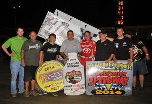 After picking up his 13th feature win of 2014, Christopher Bell and the All Pro No. 31b Sprint Car team celebrate ASCS Speedweek victory lane at Creek County Speedway near Tulsa, OK, on Thursday night. - TWC Photo