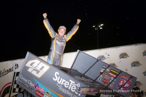 Brad Sweet celebrates his victory Saturday at Knoxville Raceway with the World of Outlaws STP Sprint Car Series. - Serena Dalhamer Photo