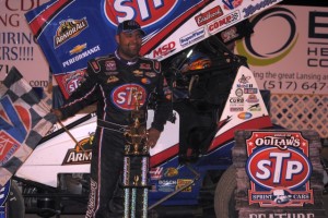 Donny Schatz in victory lane at I-96 Speedway. - T.J. Buffenbarger Photo