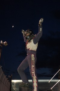 Jo Jo Helberg celebrates his MSRXSS victory at Auto City Speedway atop his wing Friday night. David Sink Photo