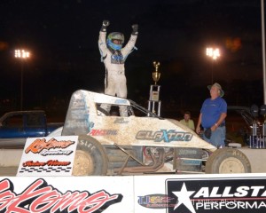 Justin Grant celebrates his victory at Kokomo Speedway on Thursday. - Bill Miller Photo