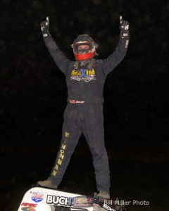 Robert Ballou celebrating after his clean sweep at Gas City I-69 Speedway. - Bill Miller Photo