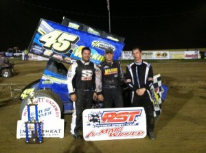 (l to r) Third place Justin Barger, winner Chuck Hebing, and second place Steve Collins after Saturday night's Patriot Sprint Tour event at Woodhull Raceway. - Image courtesy off the Patriot Sprint Tour