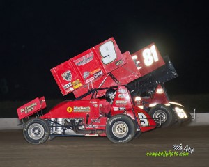 Dean Jacobs (#9) racing with Lee Jacobs (#81) Saturday at Attica Raceway Park. - Mike Campbell Photo