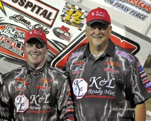 J R Stewart with his Sprint Car Owner Ron Hammons after winning the Limaland Motorsports Park Sprint Car Track Championship for 2014. - Bill Weir Photo