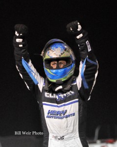 Justin Grant celebrates after winning the 2014 Jack Hewitt Classic at Waynesfield Raceway Park. - Bill Weir Photo
