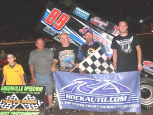 Tim Crawley and the Mike Ward Racing team celebrated their second straight Ellis Palasini Classic win in Victory Lane Saturday night at Greenville Speedway. (Jacob Seelman photo)