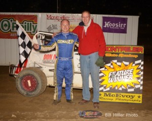 Davey Ray with car owner Don Moore in victory lane at Montpelier Motor Speedway. - Bill Miller Photo