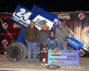 Rico Abreu celebrates in Victory Lane with family and crew after winning the 30 lap All Star Circuit of Champions feature event. - Bill Miller Photo