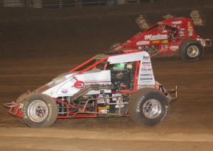 Two-time (2009 & 2011) Oval Nationals Champion Damion Gardner and 2012 winner Mike Spencer battle for position at Perris Auto Speedway.   -Doug Allen Photo 