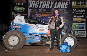Ryan Bernal in victory lane on Thursday night after winning the sprint car portion of the Western World Classic. - TWC Photo