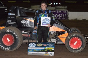 Brady Bacon topped the opening leg of the E&K Winter Challenge by taking the top spot in Friday night's 30-lap USAC Southwest vs. USAC West Coast feature event at Peoria, Arizona's Canyon Speedway Park. (Jason Rominger Photo)