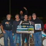 Ryan Bernal and crew enjoy E&K Winter Challenge victory lane after topping Saturday night's 30-lap USAC Southwest vs. USAC West Coast Sprint Car feature at Canyon Speedway Park in Peoria, AZ. (Terry Shaw Photo)