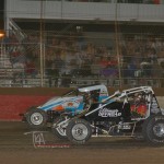 Ryan Bernal (56) edges Dave Darland (16) at the line in Saturday's E&K Winter Challenge Round Two at Canyon Speedway Park. (Terry Shaw Photo)