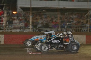 Ryan Bernal (56) edges Dave Darland (16) at the line in Saturday's E&K Winter Challenge Round Two at Canyon Speedway Park. (Terry Shaw Photo)