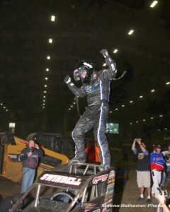 Sammy Swindell doing a victory dance following his victory on Saturday in the VIROC Race of Champions.  (Serena Dalhamer Photo)