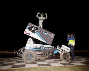 Kyle Larson in victory lane following his win during the Winter Heat Sprint Car Showown at Cocopah Speedway. - Serena Dalhamer Photo