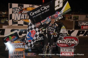 Daryn Pittman in victory lane following his victory in the opening night of World of Outlaws STP Sprint Car Series action at Volusia Speedway Park. (Alan Holland/Hoseheads.com Photo)