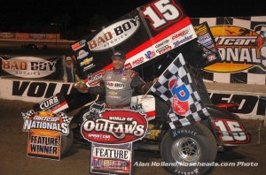 Donny Schatz following his feature victory on Saturday night at Volusia Speedway Park. (Alan Holland / hoseheads.com Pho)