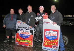 Christopher Bell and the Keith Kunz Motorsports team enjoy POWRi victory lane after completing a sweep of Port City Raceway's Turnpike Challenge on Saturday night. (Lonnie Wheatley Photo)