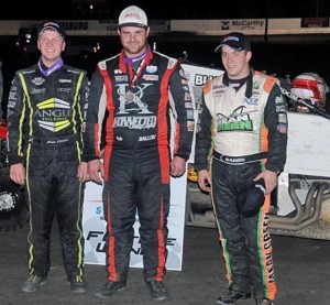 Third place Chase Stockton, winner Robert Ballou, and second place Brady Bacon (l to r) following the USAC Amsoil National Sprint Car Series feature at Lakeside Speedway. (USAC Photo)