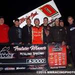 Bud Kaeding and crew celebrates their victory in the King of the West Sprint Car Series Saturday night at Petaluma Speedway. (M&M Racing Photos)