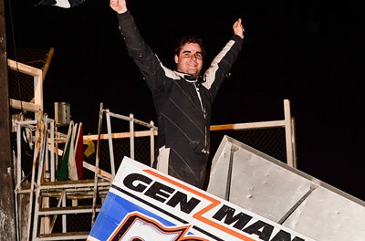 Cap Henry celebrates his victory during the Eric Phillips Classic Friday night at Attica Raceway Park. (Mike Campbell / Campbellphoto.com)